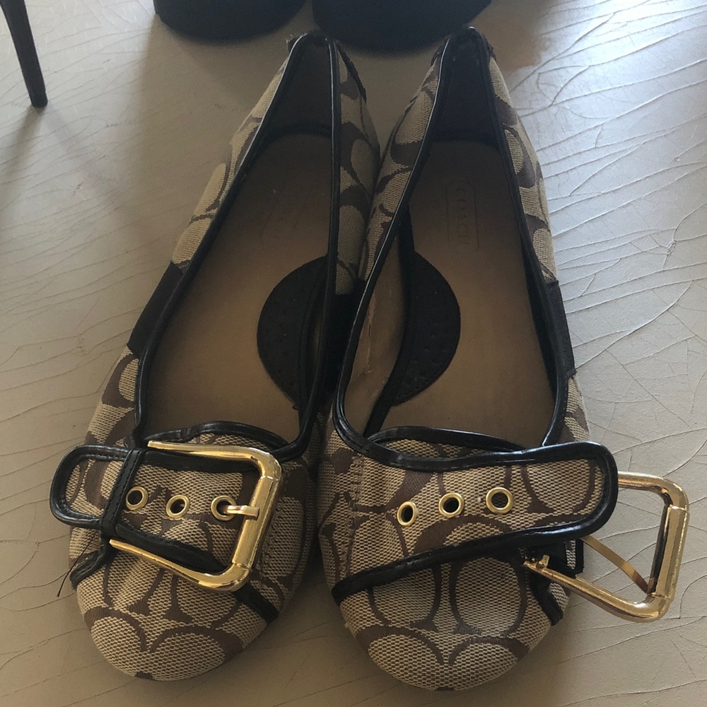 Coach Beige Signature Canvas Flats with Gold Buckle Accents